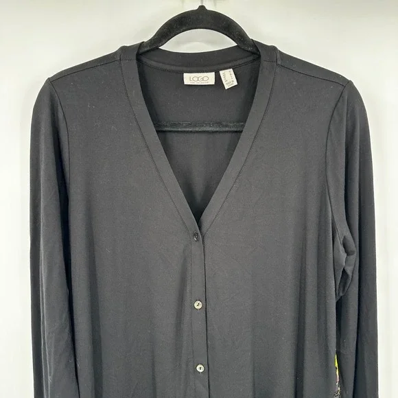 LOGO Lori Goldstein Black Cardigan Floral Devore Velvet Side Burnout Size Medium - Picture 2 of 8